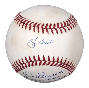 Yogi Berra and Don Larsen Dual Signed AOL Brown Baseball with Long Inscription by Larsen (JSA & PSA/DNA)